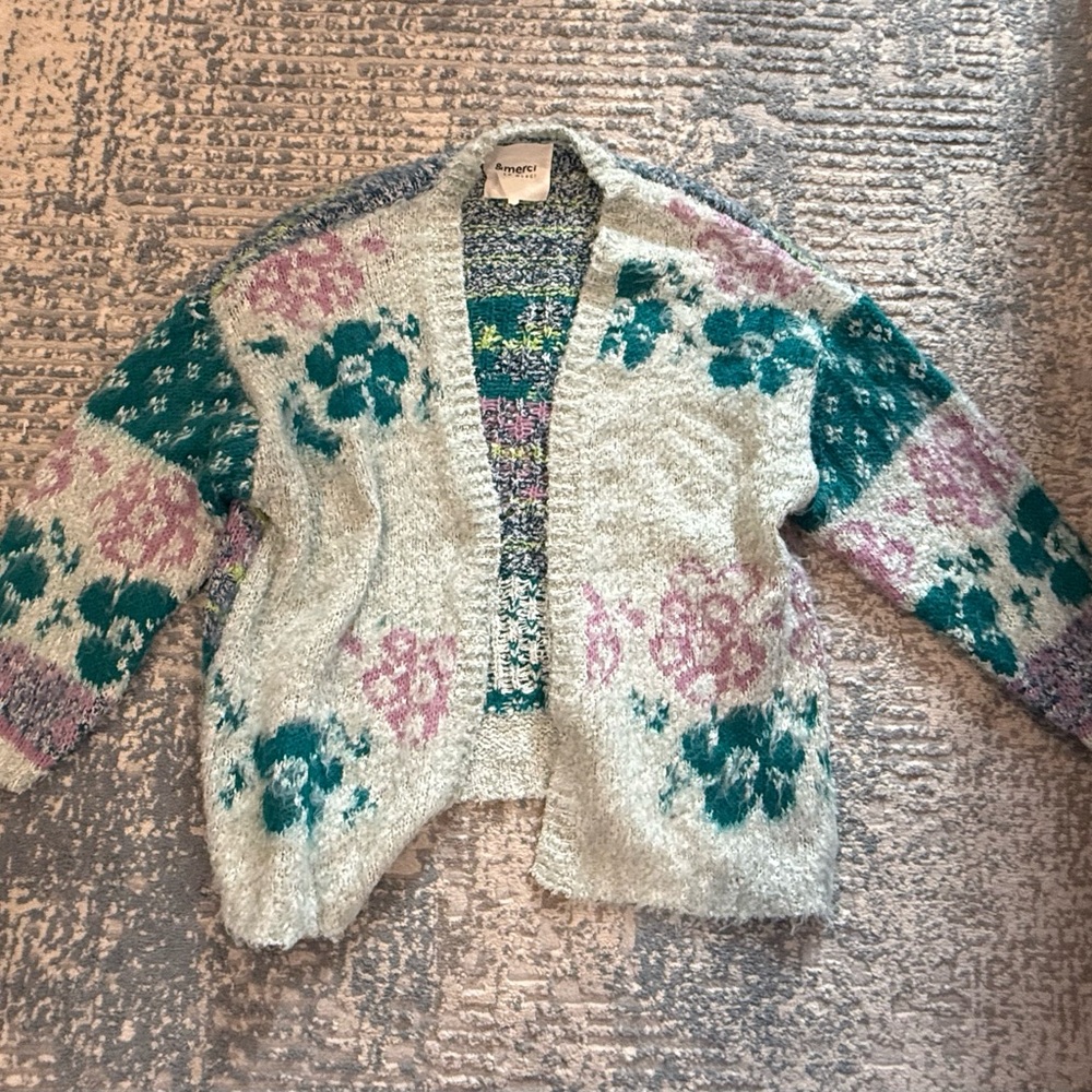 Floral Knit Women's Cardigan - Teal, Pink, Gray
